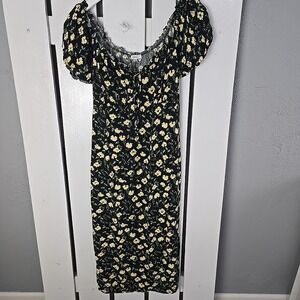 AUW Babydoll Floral Midi Dress XL Black Yellow Puff Sleeve Cottagecore Grunge